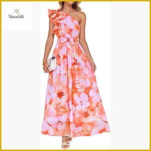 Boho Floral Sleeveless Maxi Dress One Shoulder Ruffle High Waist Beach Party